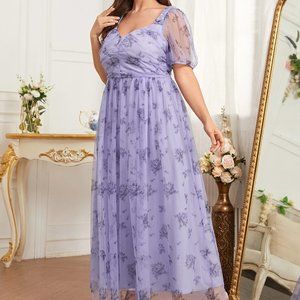 Plus Floral Print Puff Sleeve Ruched Mesh Dress (size 18)